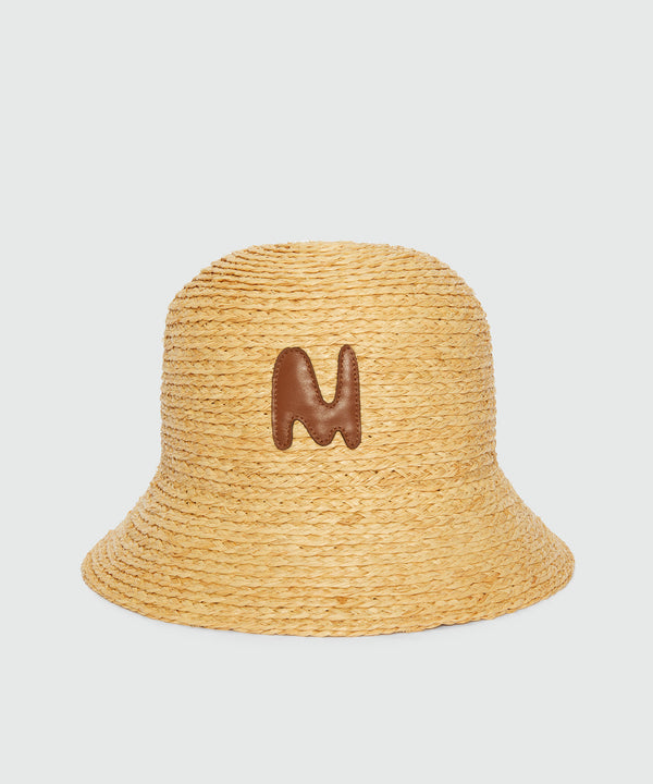 Raffia cloche hat with "TheMwave" patch