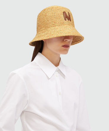 Raffia cloche hat with "TheMwave" patch