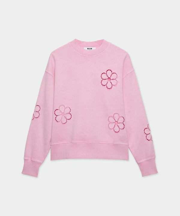 Pink jersey sweatshirt with Ã  jour embroidery