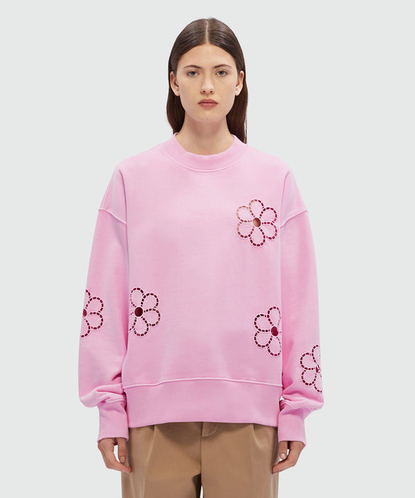 Pink jersey sweatshirt with Ã  jour embroidery