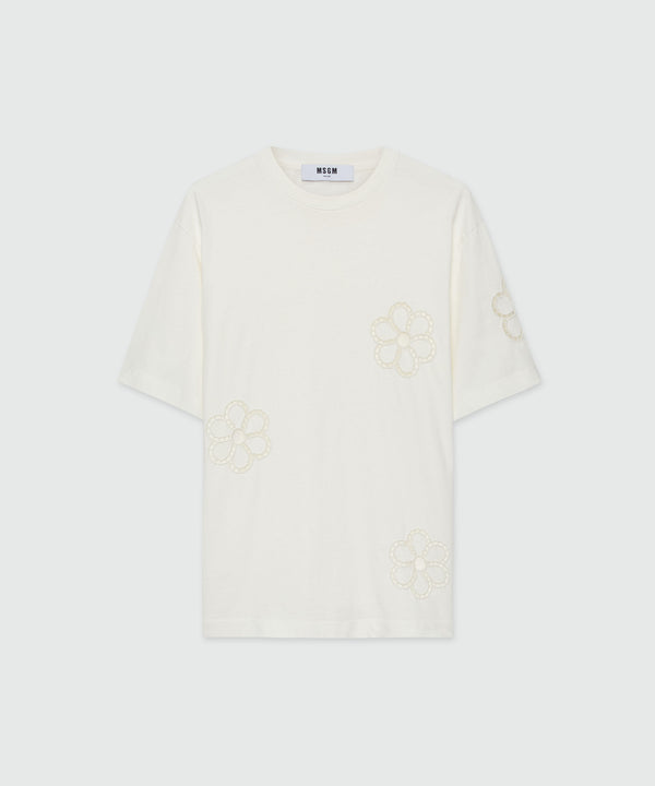 White cotton T-Shirt with floral embroidery