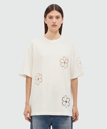 White cotton T-Shirt with floral embroidery