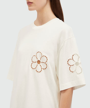 White cotton T-Shirt with floral embroidery