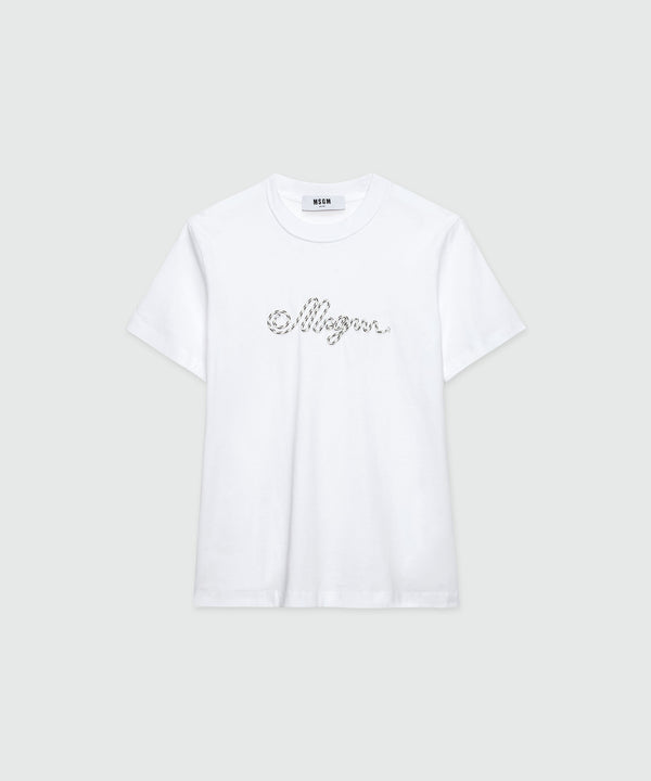 T-Shirt in cotone bianco con logo MSGM in corda