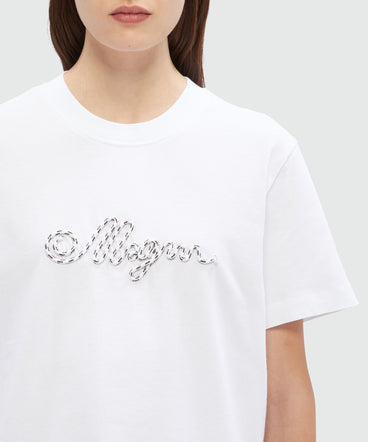 T-Shirt in cotone bianco con logo MSGM in corda