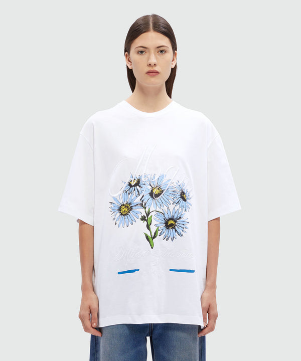 T-Shirt in cotone bianco con ricami e grafica fiori