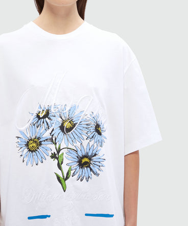 White cotton T-Shirt with embroidery and flower graphics