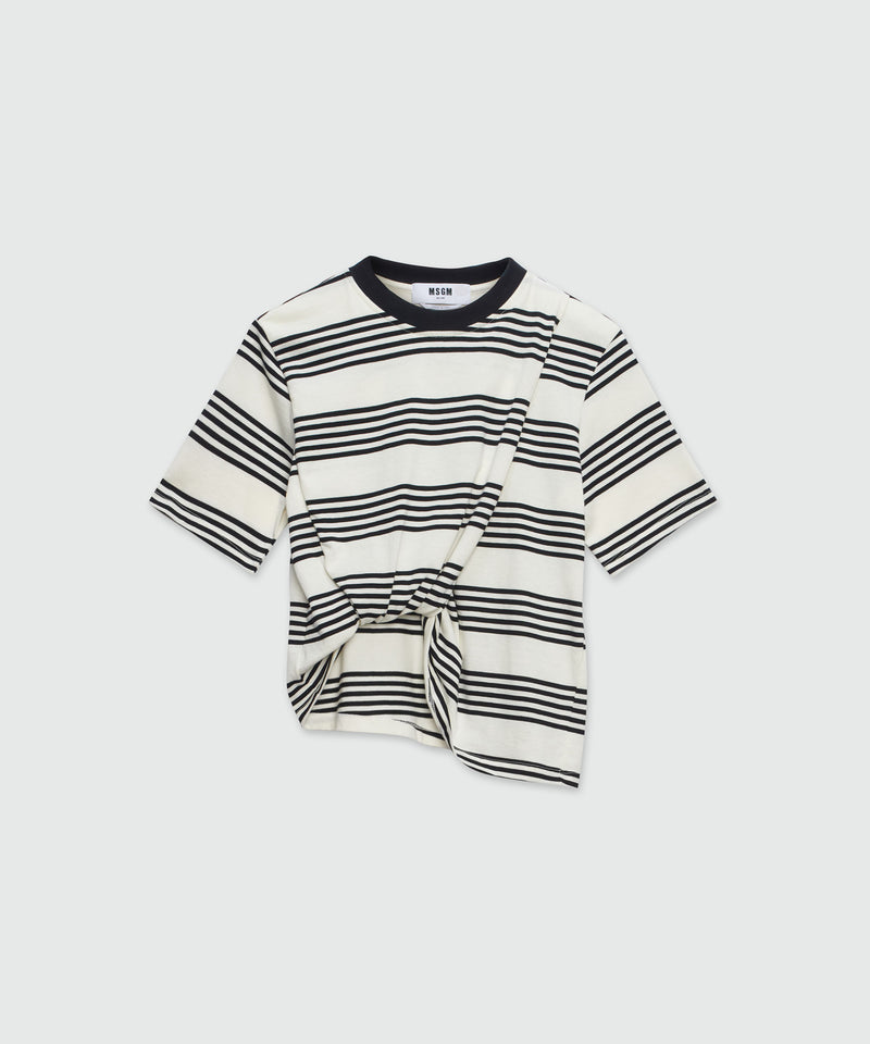 Striped and knotted cotton T-Shirt OFF WHITE Women 