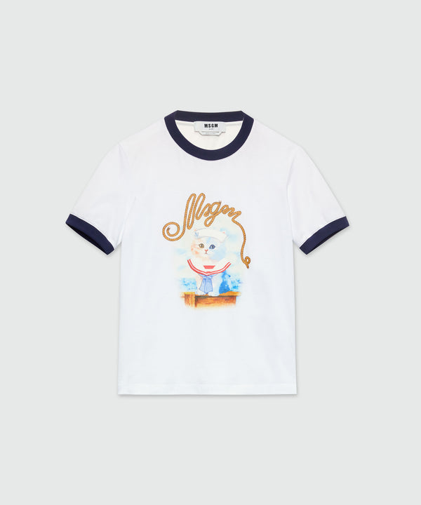 T-Shirt in cotone bianco con stampa MSGM Sailor Kitten