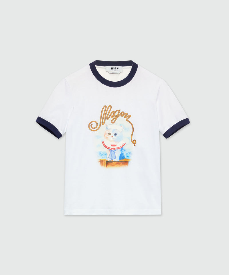 White cotton T-Shirt with MSGM Sailor Kitten print WHITE Women 