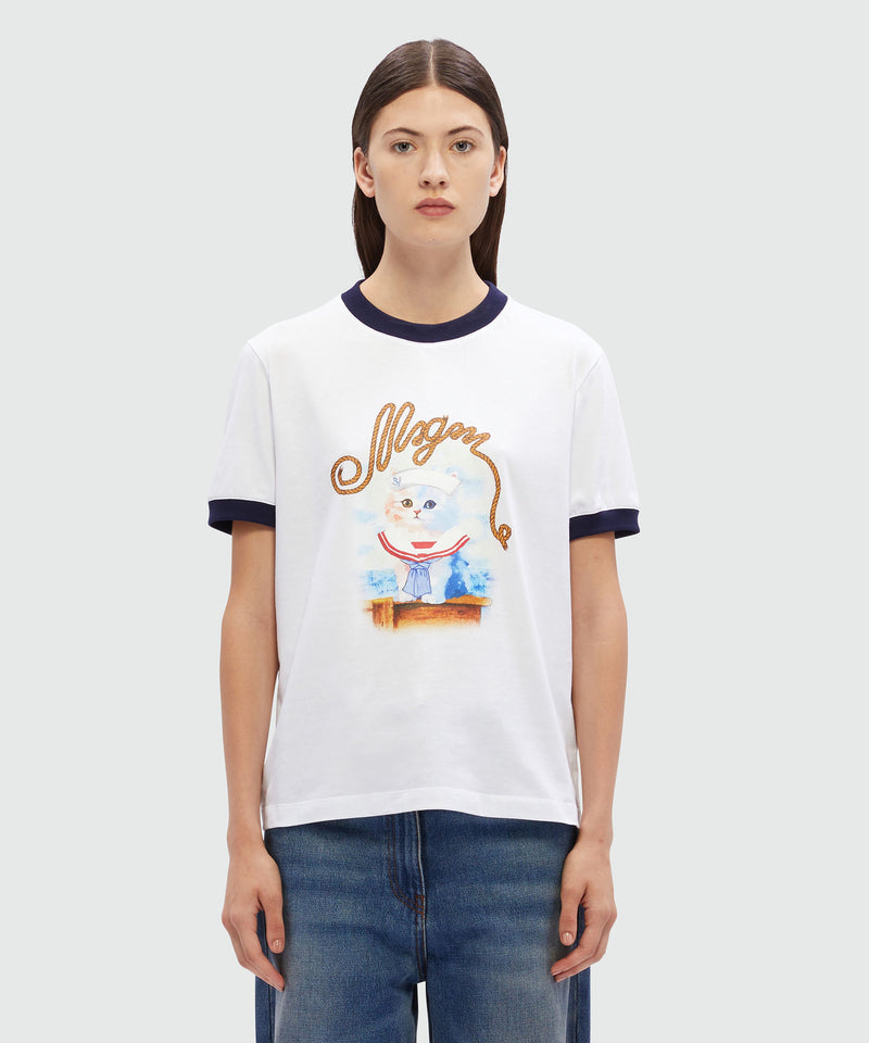 White cotton T-Shirt with MSGM Sailor Kitten print WHITE Women 