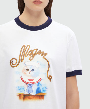 White cotton T-Shirt with MSGM Sailor Kitten print