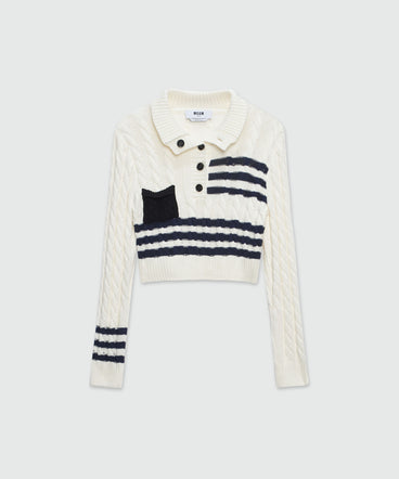 Cable cotton sweater with striped pattern