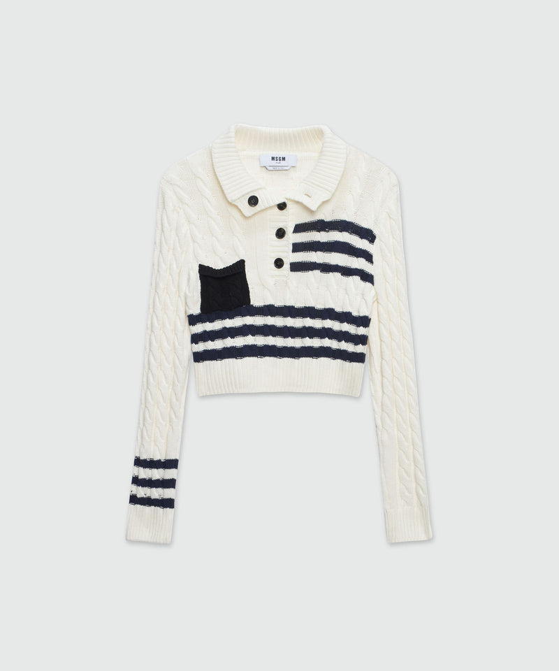 Cable cotton sweater with striped pattern OFF WHITE Women 