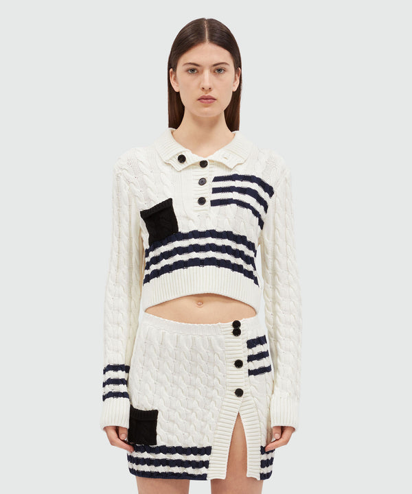 Cable cotton sweater with striped pattern