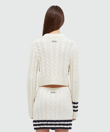 Cable cotton sweater with striped pattern