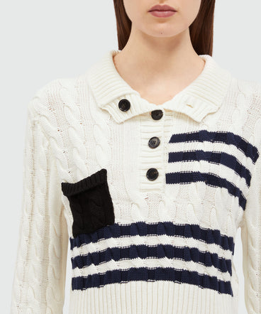 Cable cotton sweater with striped pattern