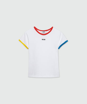 White stretch jersey T-Shirt with multicolored profiles