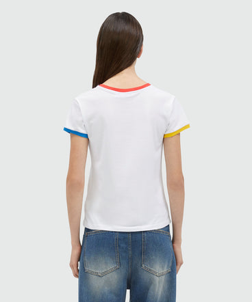 White stretch jersey T-Shirt with multicolored profiles