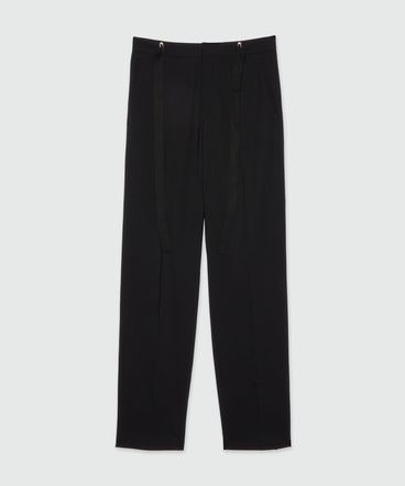 Black wool trousers with drawstring waist