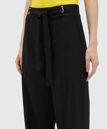 Black wool trousers with drawstring waist