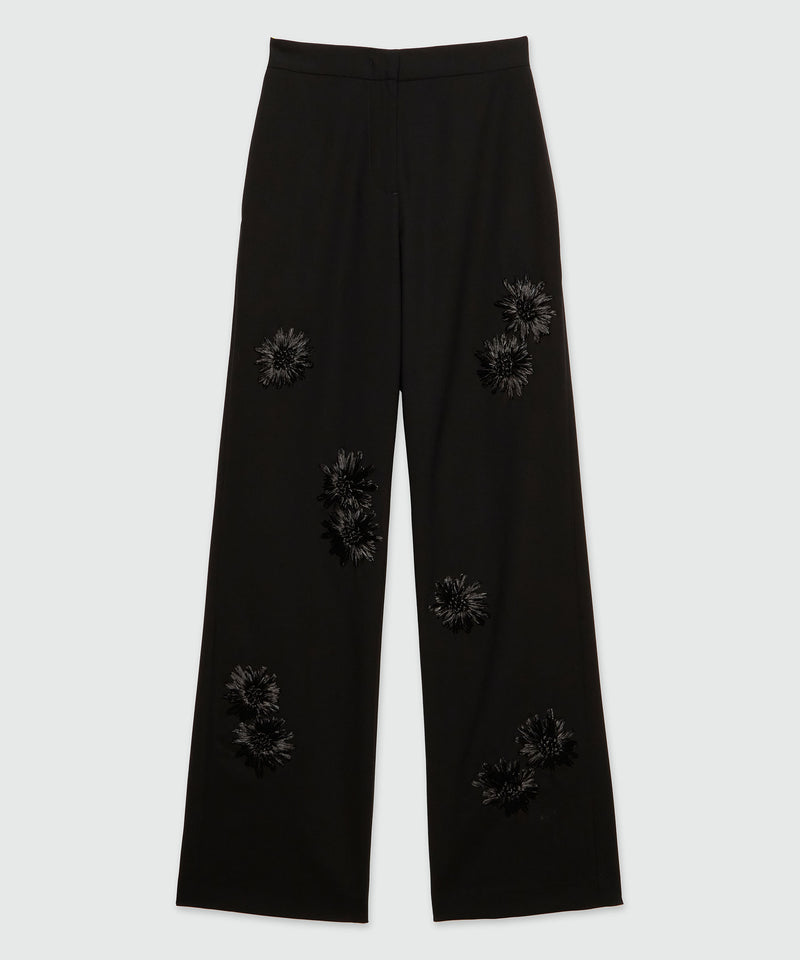 Pantalone in lana con applicazioni in rafia Nero Donna 