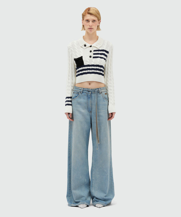 Wide leg trousers in light blue washed denim