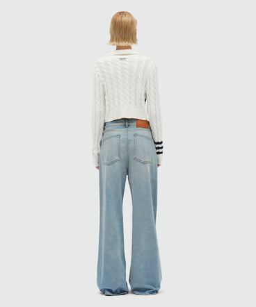 Wide leg trousers in light blue washed denim