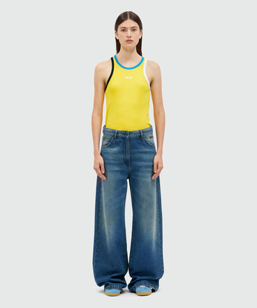 Wide leg trousers in blue washed denim