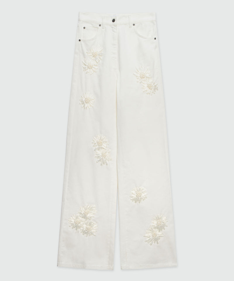 White denim trousers with raffia flowers OFF WHITE Women 