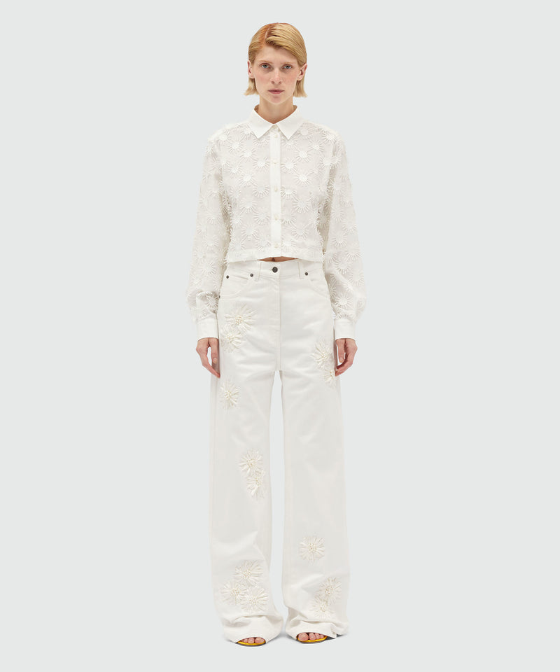 White denim trousers with raffia flowers OFF WHITE Women 