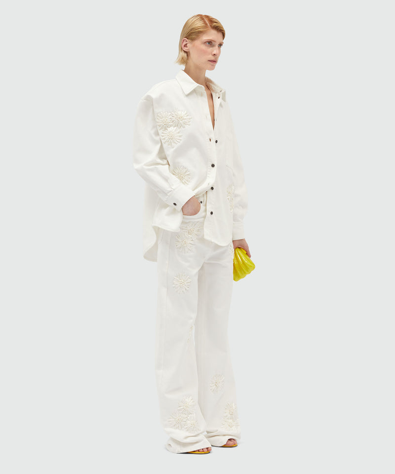 White denim trousers with raffia flowers OFF WHITE Women 