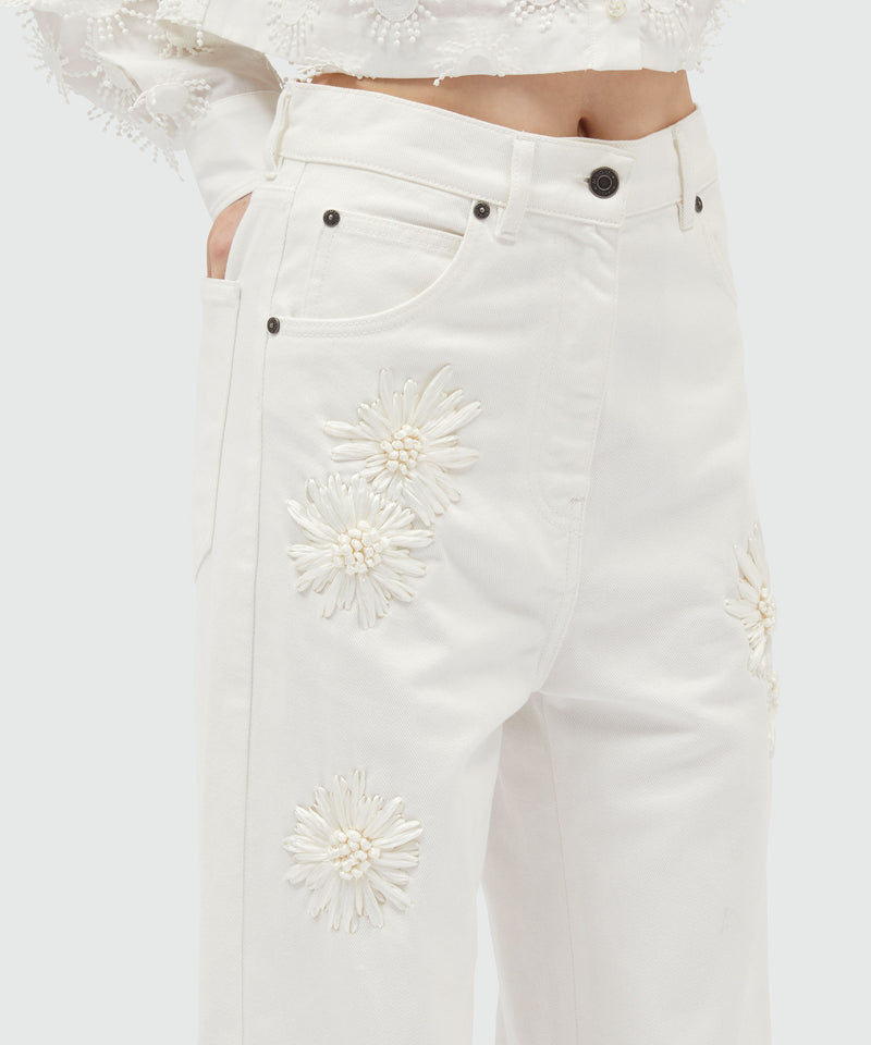 White denim trousers with raffia flowers OFF WHITE Women 