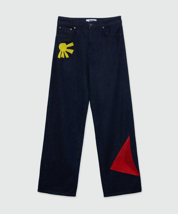 Indigo raw denim trousers with embroidery