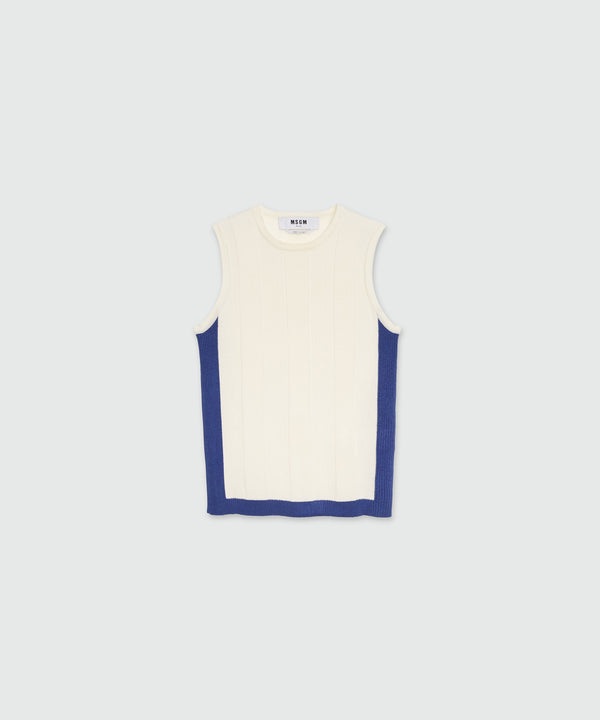 White and blue color-block patterned knit top