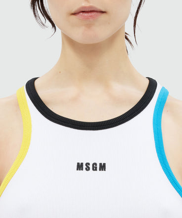 White jersey tank top with multicolored profiles