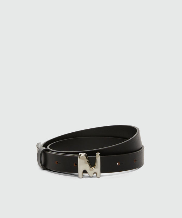 Black leather belt with "TheMwave" buckle