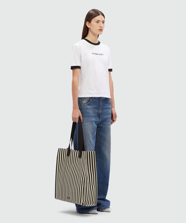 Black and white striped canvas shopper bag