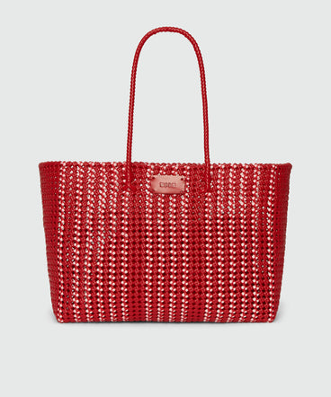 Woven tote bag with red nappa clutch bag