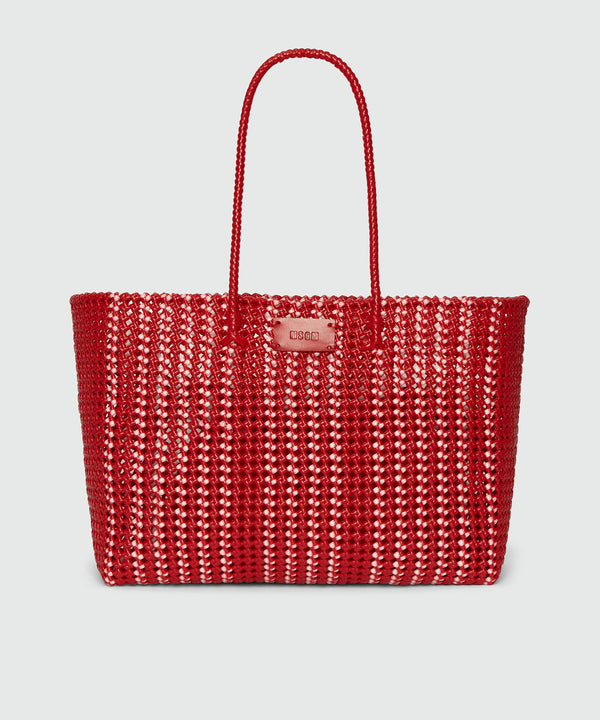 Woven tote bag with red nappa clutch bag