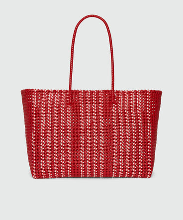 Woven tote bag with red nappa clutch bag