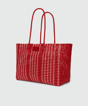 Woven tote bag with red nappa clutch bag