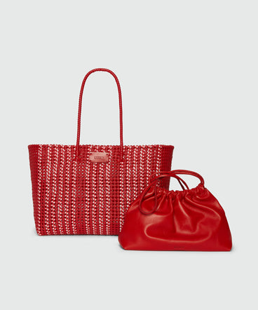 Woven tote bag with red nappa clutch bag