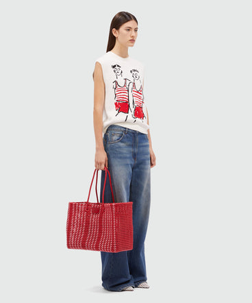 Woven tote bag with red nappa clutch bag