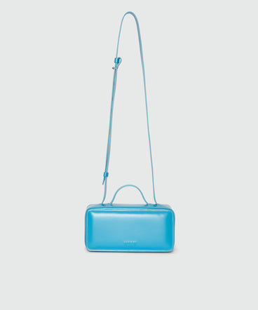 Small light blue shiny leather CLAP BAG