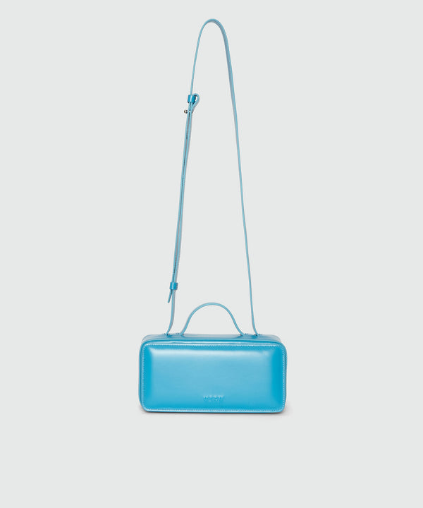 Small light blue shiny leather CLAP BAG