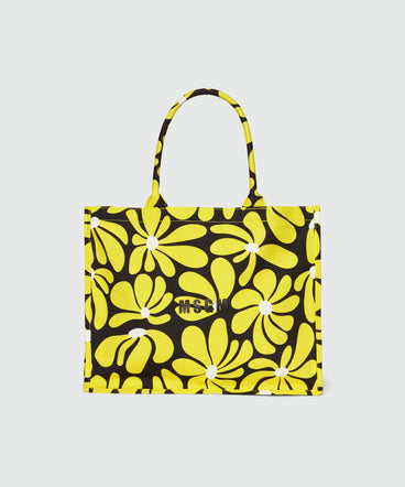 Borsa tote in canvas nero e motivo fiori gialli