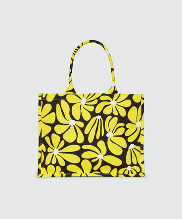 Tote bag in black canvas and yellow flower motif