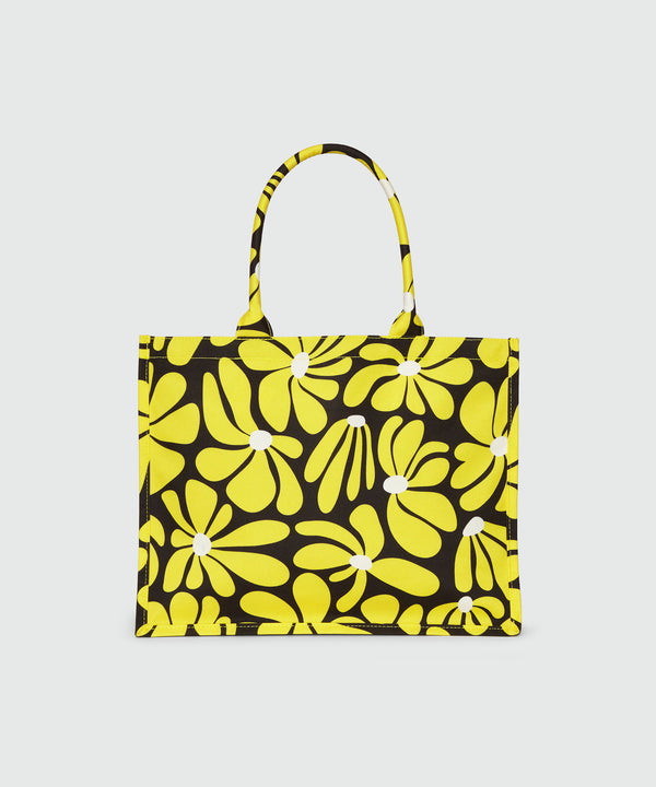 Borsa tote in canvas nero e motivo fiori gialli