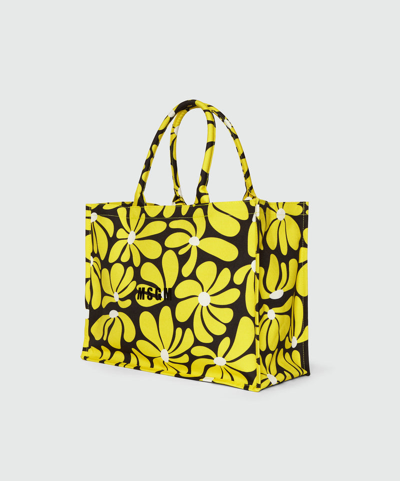 Borsa tote in canvas nero e motivo fiori gialli GIALLO Donna 